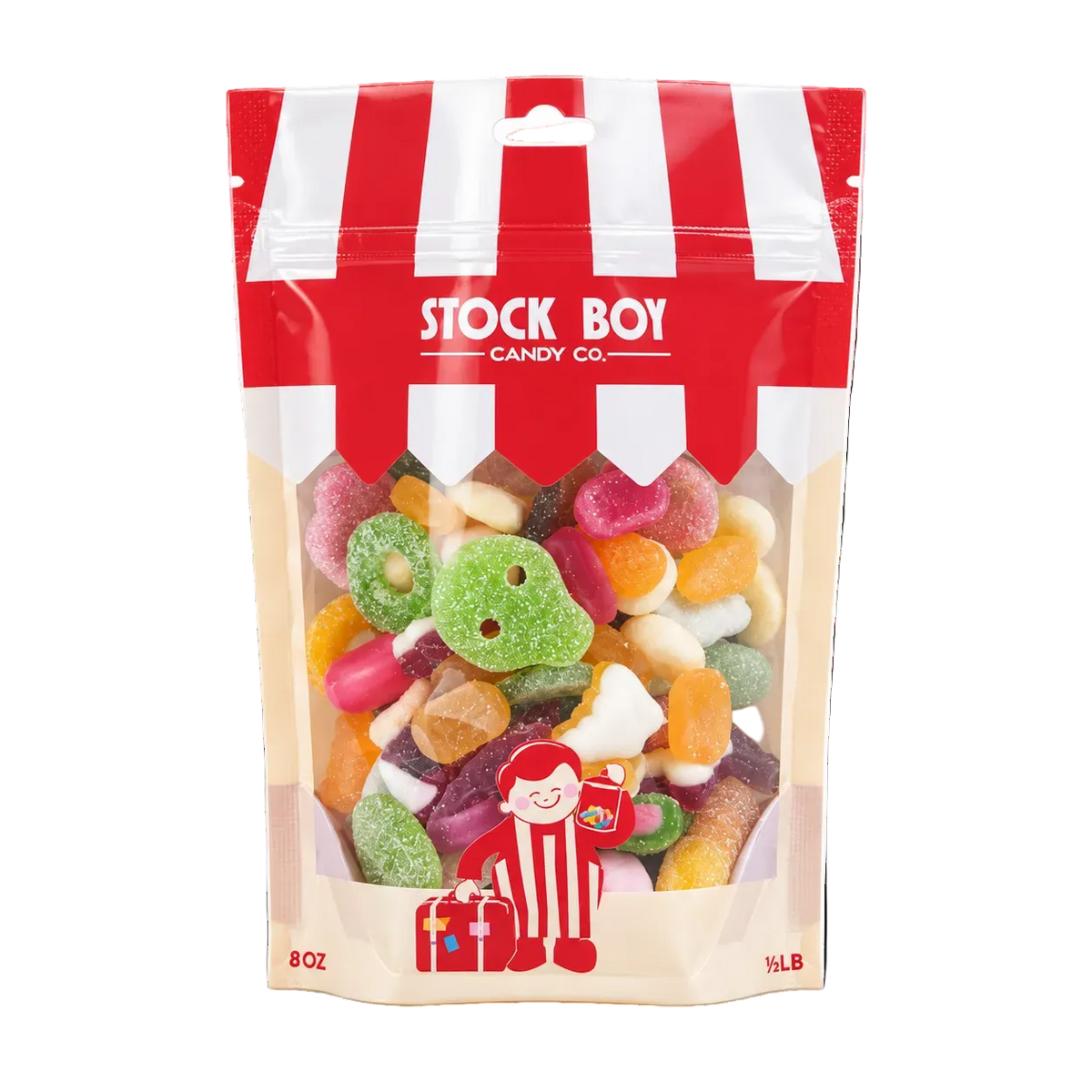 A 16 oz bag of Stock Boy Candy Co. assorted gummy candies, featuring a red and white striped top banner with the brand name and a clear window showing the colorful gummies inside.